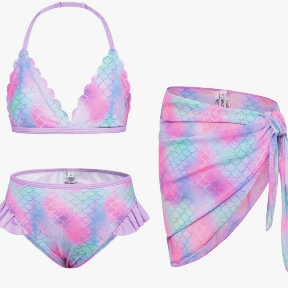 GRACE KARIN  Swimsuit Bikini 3 Piece Swimwear with Cover Up Size 7 Mermaid NWT